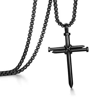 Men's Stainless Steel Nail Cross Pendant Necklace With 24 Inch Chain Black Gold • $8.99