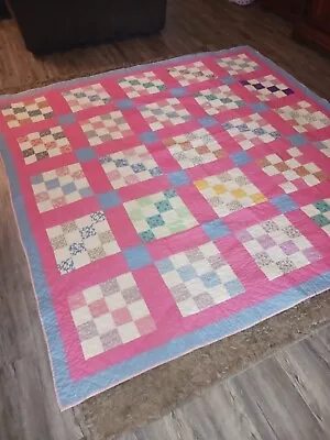 FINE VINTAGE FARMHOUSE Style COUNTRY Patchwork EMBROIDERY  QUILT Pink Large King • $89.99
