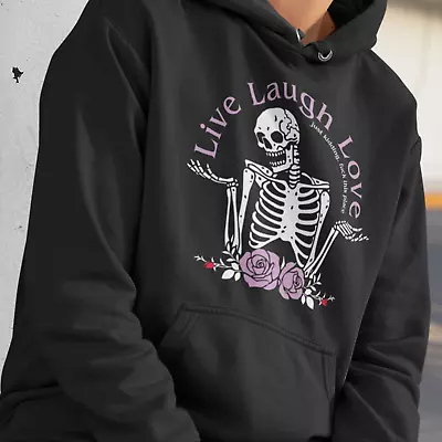 £21.99 • Buy Live Laugh Love Just Kidding Black Hoodie - Skull Skeleton Goth Emo Flower Rock 