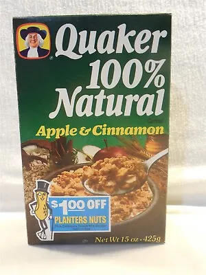 1989 Quaker Apple & Cinnamon Cereal 15 Oz Box Planters Peanut Mr Peanut Unopened • $5.95