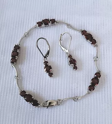 Vintage 925 Sterling Silver Garnet Link Bracelet 7.25 L And Dangle Earring Set • $57.50