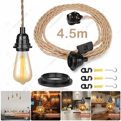 E27 Rustic Hemp Cable Kit Plug In Pendant Lamp Light Set Fitting Vintage Bulb UK • £9.99