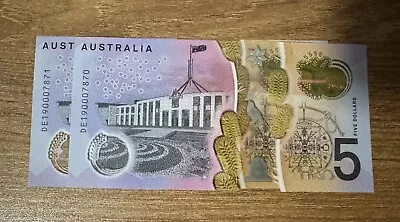 2 X 2019 $5 Australian Dollar Notes - UNC -conservative Numbers-General Prefix • $22