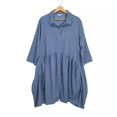 Gorman Size 10 Blue Organic Cotton Fine Corduroy 3/4 Sleeve Collared Smock Dress • $69.95
