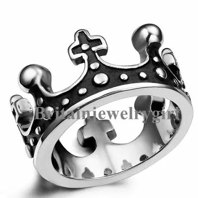 Vintage Stainless Steel Cross Crown Ring Wedding Promise Band Men Women #6-12 • $9.89