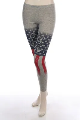 AMERICAN FLAG PRINT Leggings Gray Red Blue Stars Stripes Rock Roll Tight Womens • $19.95
