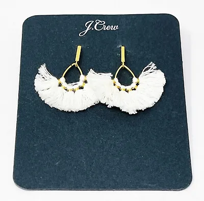 New J. Crew Gold Tone White Fringed Fan Bohemian Dangle/Drop Pierced Earrings • $12