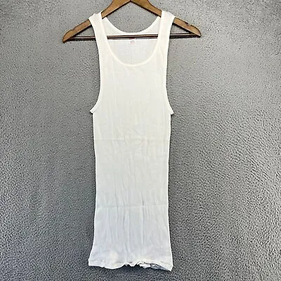 Vintage Hanes Blank Tank Top Shirt Men's Large White Ribbed Beater USA NOS 70s • $18.83