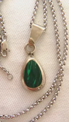 Artisan Teardrop Malachite Pendant 925 Sterling Silver Chain Necklace 12.1gr • $36.95