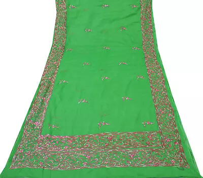 Sushila Vintage Green Indian Saree Pure Cotton Embroidered Floral Sari Fabric • $32.99