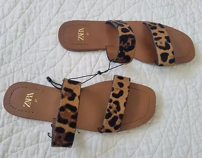 NEW! ZARA Women’s Calf Hair Leopard Print Flat Sandals EUR SZ/37 US 6.5 NWT/$49 • $19.95