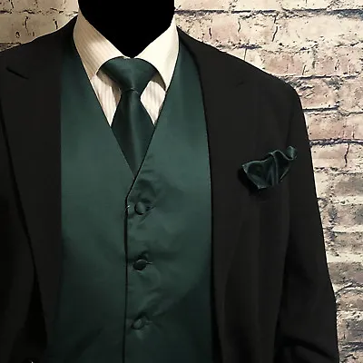 Forest Dark Green Men Tuxedo Suit Vest Waistcoat And Neck Tie Hanky Set 3pcs Set • $28.89