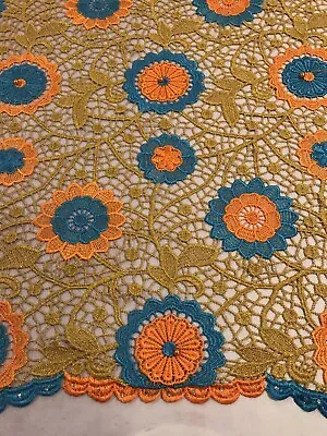 Gold Blue Orange Guipure French Venice Lace Fabric 50  Width Sold By The Yard • £12.53