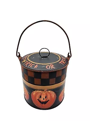 Vtg Primitive Look Pumpkin Halloween Tin Bucket Pail Trick Or Treat Smell Feet • $12.99