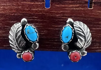 Authentic Vintage Navajo Sterling Silver Turquoise & Coral Earrings SS514 • $45