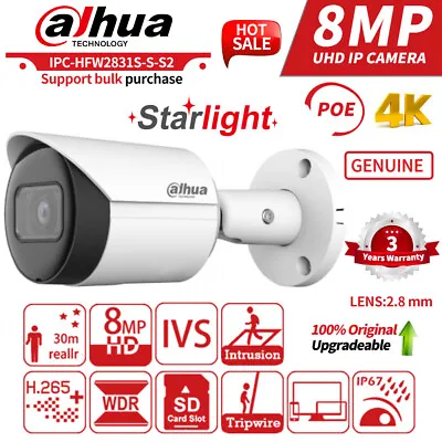 DAHUA Original 8MP Starlight IPC-HFW2831S-S-S2 IR IP67 Mini CCTV IP Camera • $99.75