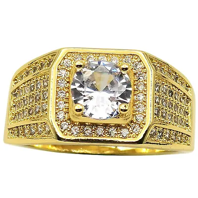 Men Gold Plated Ring 8mm 2ct Round Clear Cubic Zirconia CZ Jewellery • £8.39