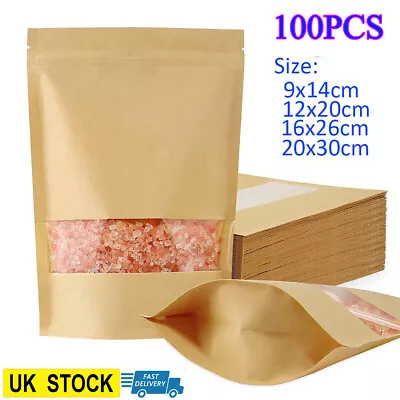 100X Kraft Paper Bag With Window Sealable Vertical Food Grade Coffee Pouch Bags • £9.89