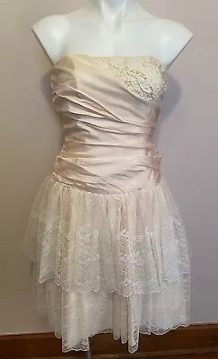 VTG 80s Handmade Pink Lace Tiered Beaded Sequin Strapless Prom Mini Dress XXS￼ • $75