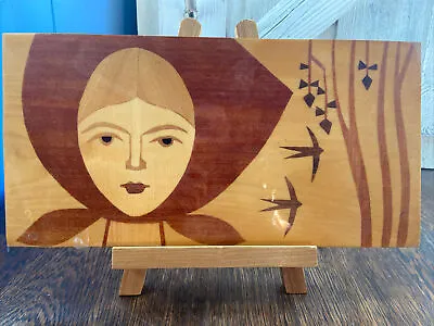 Vintage Wood Inlay Marquetry Art Picture Girl 15 3/4”x8” International Made • $14.95