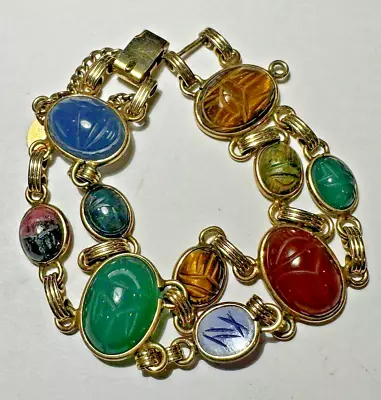 Vintage Burt Cassell Scarab 12K GF Carnelian Unakite Bloodstone Onyx 7  Bracelet • $80.99