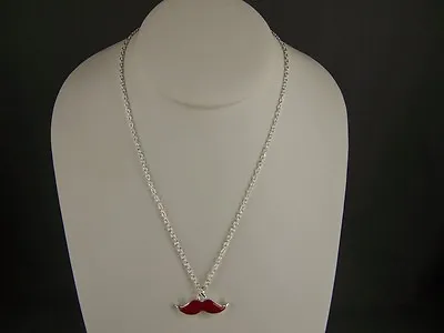 Red Silver Tone Mustache Moustache Pendant Charm 16.5  Long Chain Necklace • $6.99