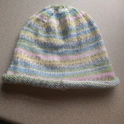 Hand Knitted Ladies Fair Isle Effect Beanie Hat. Pastel Shades - Lemon Pink • £3.50