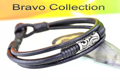 HANDMADE Sterling Silver & Leather Armband Wristband Men Bracelet 3B-317 • £17.33