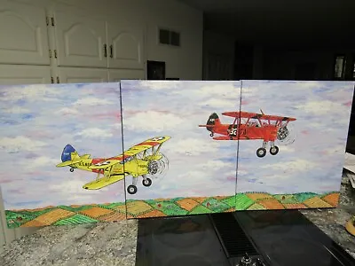 3 Section Painting On Canvas Hand Painted Vintage Airplanes 24  X 20  X  2    • $29.95