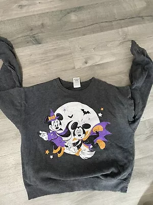 Disney Halloween Pullover Crewneck Sweater Mickey Minnie On Brooms Womens Small • $14.99