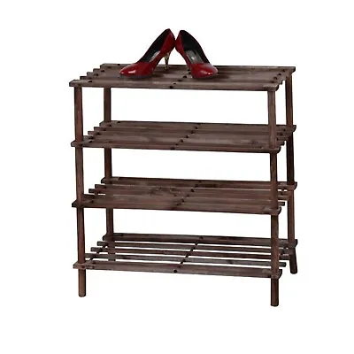 4 Tier Dark Oak Wooden Shoe Rack Footwear Storage Organiser Unit Shelf Trainers • £12.95