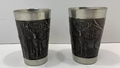 Vintage Pewter Cup Carved Metal Boar Stag Zinn Shot Glass Matching Pair 3-3/4” T • $14.99