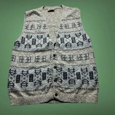 Vintage Retro Knit Jumper Sweater Vest Cosby Abstract Grunge Pattern Size Medium • £14.95