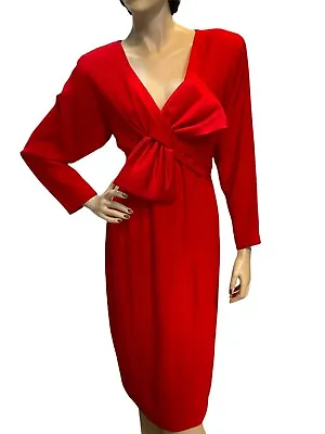 Size 12 M/L Vtg 80s Red Crepe Dress Morton Myles Warrens Satin Bow Evening Party • $124.99
