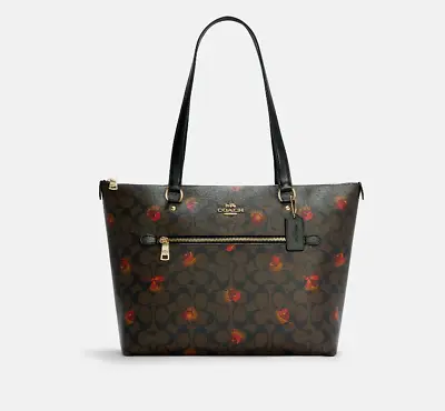 Coach Gallery Signature Canvas Coated Gold/Black/Pop Floral Print Tote (79609)   • $179.99