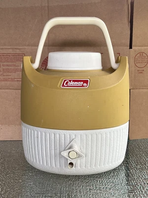 Vintage Coleman Water Jug Cooler Drink Dispenser Tan/White 1 Gallon Camping Gear • $23.99