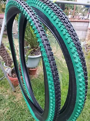 $46.55 • Buy 2 TIRES- 26 X2.10  Green BLACK WALL VEE RUBBER MOUNTAIN BIKE TIRES ONLY 