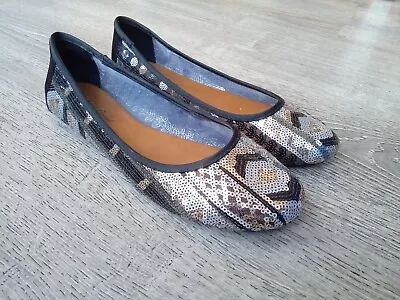 Lucky Brand Elisabeta Sequin Ballet Flats Size 8 Black Pewter Gold Womens Shoes • $24.99