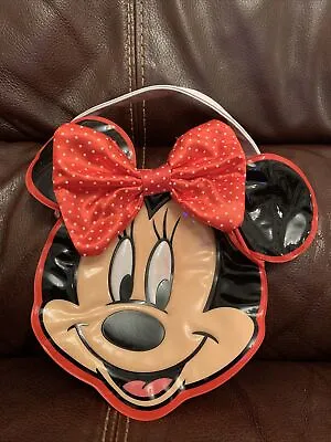 Disneys Minnie Mouse Girls Hand Bag Large Plastic Face Satin Spotted Bow • £3