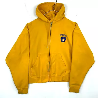 Vintage Milwaukee Brewers Sweatshirt Hoodie 2XL Majestic Yellow Full Zip Mlb • $33.99