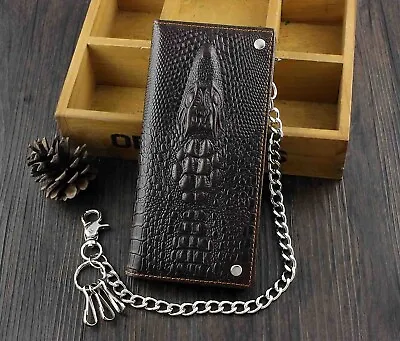 Mens Long Crocodile Head Motorcycle Punk Leather Wallet With A Biker Chain • $28