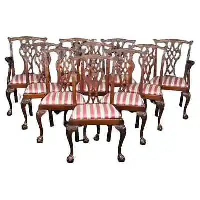 Set Of 10 Carved Mahogany Chippendale Dining Chairs Dragon Face Arm Terminals • $4995