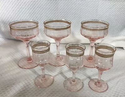 $79.99 • Buy 6 Morgantown Gold Trim Pink Morgana 3 Cocktail 3 Cordial Glasses Glass