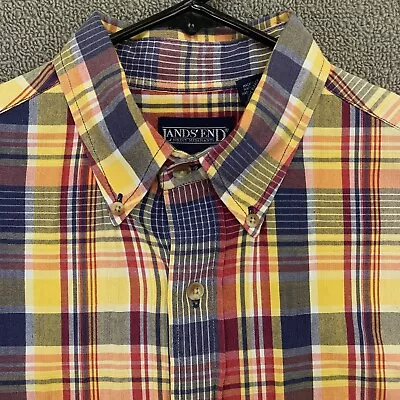 Lands End Shirt Mens Medium 15-15.5 Yellow Blue Red Plaid Button Up Short Sleeve • $18.99