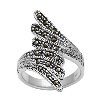 Marcasite Ring Sterling Silver Statement Vintage Style Wrap Feather - Silverly • $50.60