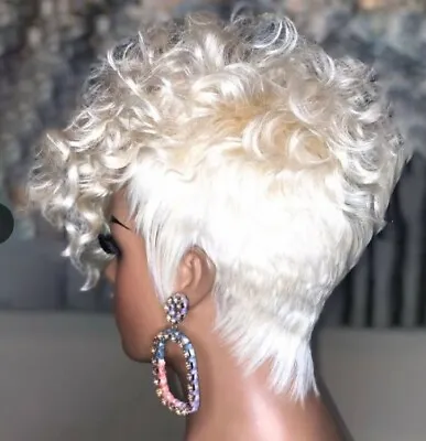 Women Platinum Blond Short Curly Wigs Afro Pixie Cut Wig Wave Hair Synthetic • $17.47
