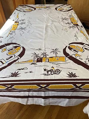 Vintage MCM Western Mexican Desert Adobes Donkey Cactus Large 73x60 Tablecloth • $31.99