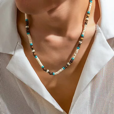 Men's Bohemian Style Turquoise Wood Bead Necklace Coconut Shell Collarbone Chain • $5.29