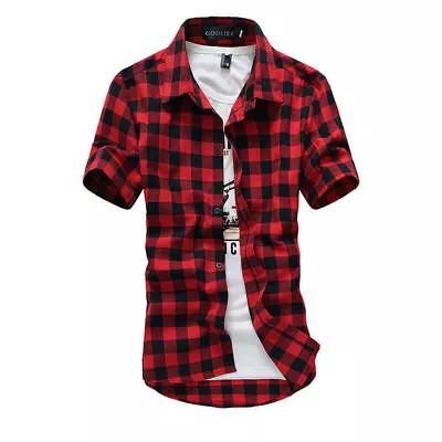 Mens Short Sleeve Check Shirt Button Down Plaid Casual Designer T Shirts Tops • £14.19