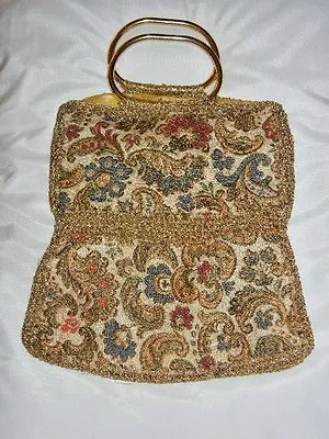 Vintage Brocade Paisley Gold Thread Embroidered Purse Bag Brass Finish Handles • $19.99